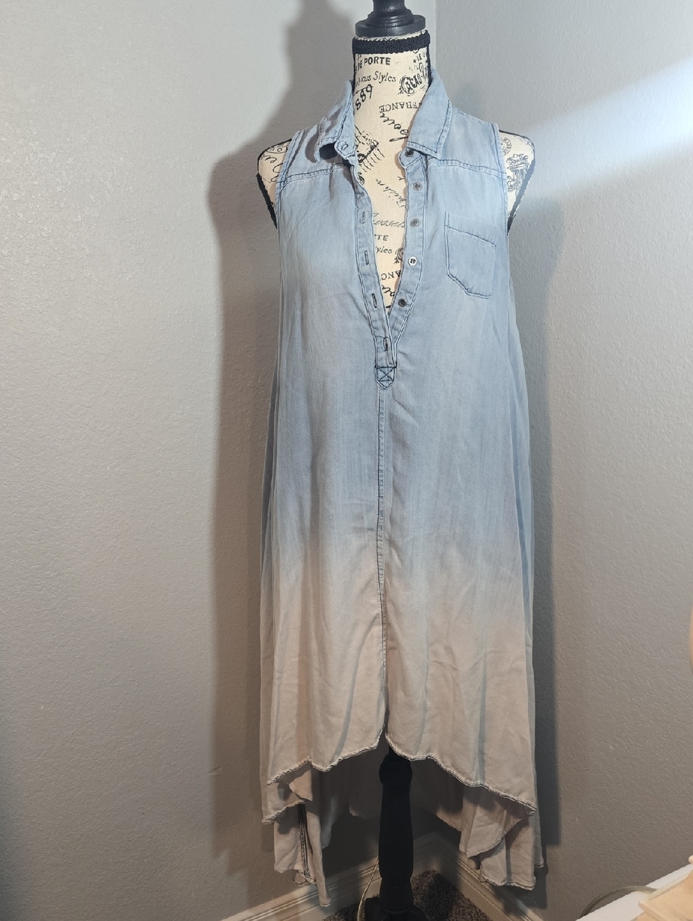 Chelsea & Theodore Sleeveless Chambray Dip-Dye High-Low Shirtdress